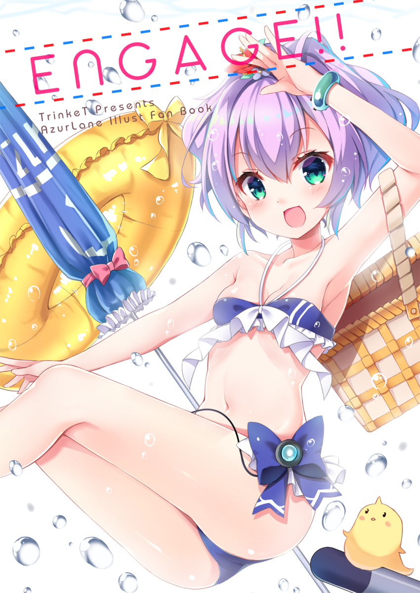 1girl :d animal arm_up armpits ass azur_lane bangs bare_arms bare_shoulders basket beach_umbrella bikini bird blue_bikini blue_bow blush bow breasts chick cleavage collarbone commentary_request copyright_name cover cover_page eyebrows_visible_through_hair flower green_eyes hair_between_eyes hair_flower hair_ornament halter_top halterneck head_tilt high_ponytail highres innertube javelin_(azur_lane) karaage3 navel open_mouth picnic_basket ponytail purple_hair red_flower short_hair small_breasts smile solo swimsuit torpedo umbrella water_drop white_background yellow_innertube