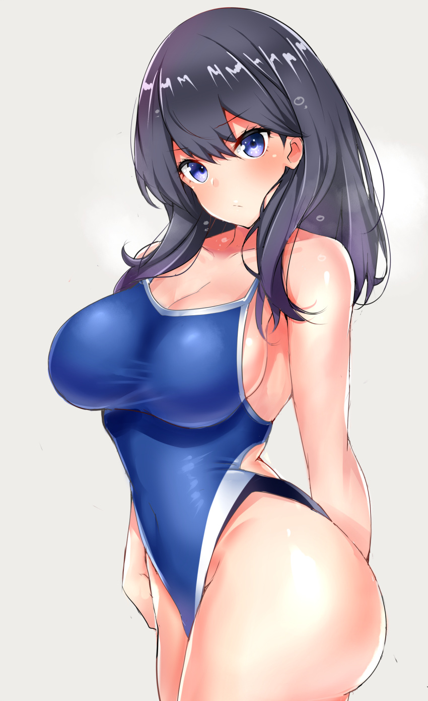 1girl arm_behind_back bangs bare_shoulders black_hair blue_eyes blue_swimsuit blush breasts cleavage closed_mouth collarbone commentary_request competition_school_swimsuit covered_navel highleg highleg_swimsuit highres hips large_breasts long_hair looking_at_viewer one-piece_swimsuit sankakusui shiny shiny_hair simple_background solo ssss.gridman swept_bangs swimsuit takarada_rikka thighs