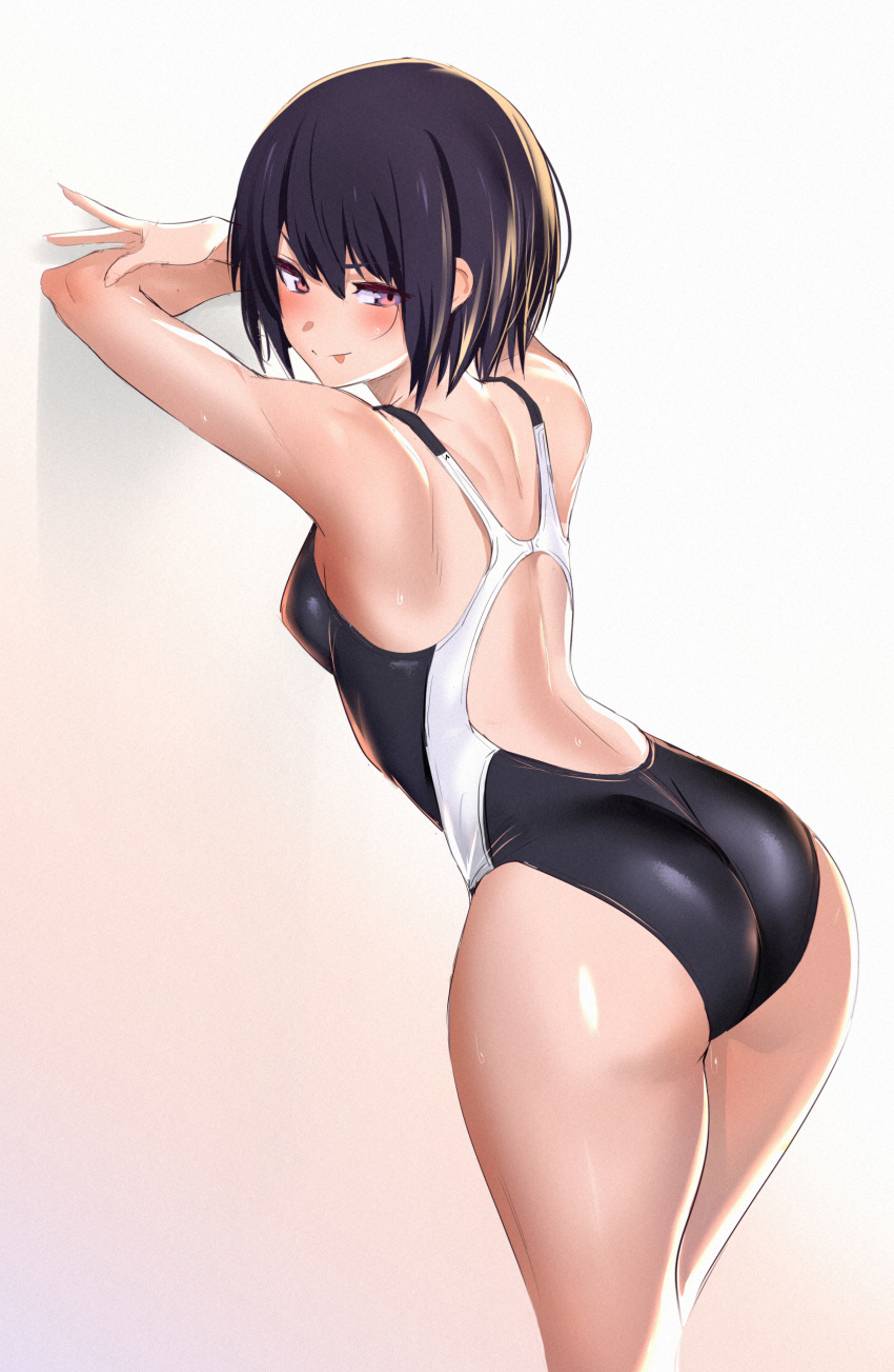 1girl :p absurdres arms_up ass back bangs bare_shoulders black_hair black_swimsuit blush breasts closed_mouth competition_swimsuit cowboy_shot eyebrows_visible_through_hair fingernails from_behind gradient gradient_background hair_between_eyes half-closed_eyes highleg highleg_swimsuit highres hips legs_together licking_lips long_fingernails looking_at_viewer looking_back one-piece_swimsuit one_eye_closed original shiny shiny_skin short_hair shoulder_blades simple_background small_breasts smile solo standing swimsuit thighs tongue tongue_out ulrich_(tagaragakuin) violet_eyes wet white_background