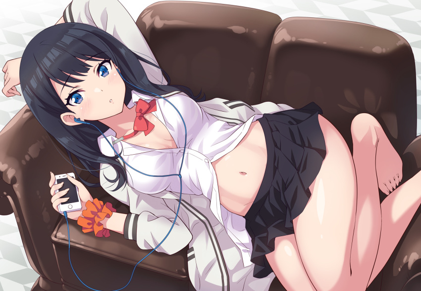 1girl arm_up bangs barefoot black_hair black_skirt blue_eyes blush bow breasts cardigan cellphone cleavage couch dress_shirt earphones eyebrows_visible_through_hair feet highres hips legs long_hair long_sleeves looking_at_viewer lying medium_breasts midriff miniskirt navel on_side open_cardigan open_clothes open_mouth orange_scrunchie parted_lips phone pleated_skirt red_bow red_neckwear scrunchie shirt skirt solo ssss.gridman sweater swept_bangs takarada_rikka thighs urabi_(tomatohouse) white_sweater wrist_scrunchie