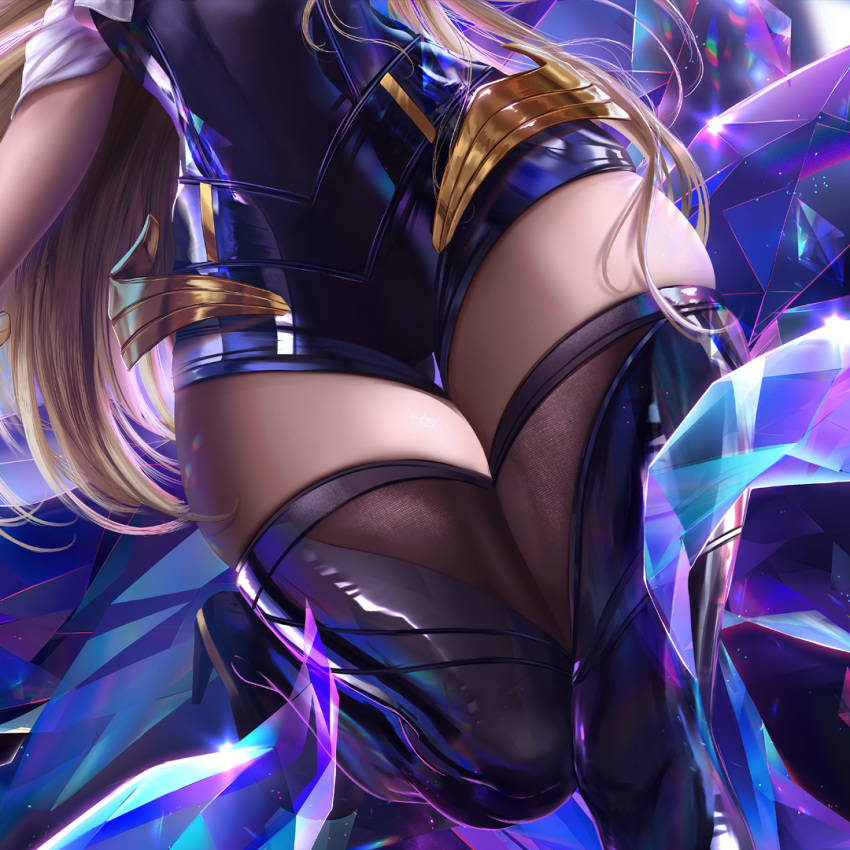 1girl ahri blonde_hair close-up crystal fox_tail high_heels idol javier_estrada jewelry k/da_(league_of_legends) k/da_ahri league_of_legends leg_up long_hair lower_body tail thigh-highs thighs