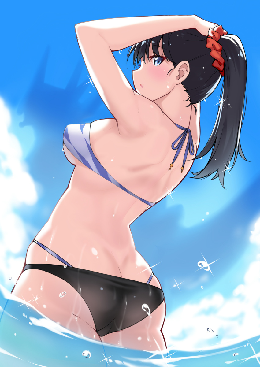 1girl :o absurdres adjusting_hair arms_up ass bare_shoulders bikini blue_eyes blue_sky blush breasts clouds day dean from_behind hair_ornament hair_scrunchie highres looking_at_viewer medium_breasts ocean open_mouth partially_submerged ponytail scrunchie sideboob sky solo sparkle ssss.gridman swimsuit takarada_rikka tiger_stripes water wet