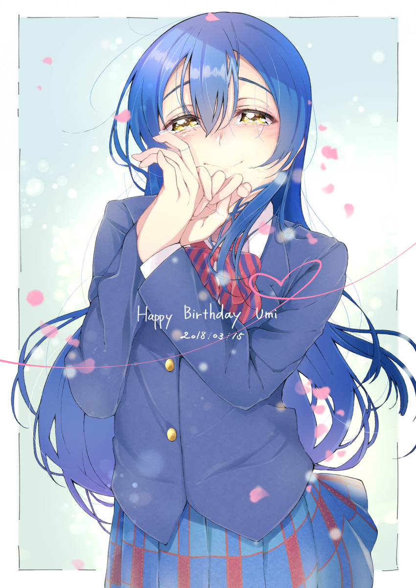 1girl absurdres bangs birthday blazer blue_hair blush bow bowtie character_name closed_mouth commentary_request cowboy_shot dated hair_between_eyes happy_birthday highres jacket kasukasu_(tomato_heya) long_hair long_sleeves looking_at_viewer love_live! love_live!_school_idol_project otonokizaka_school_uniform petals plaid plaid_skirt school_uniform simple_background skirt smile sonoda_umi striped striped_neckwear tearing_up tears wiping_tears yellow_eyes