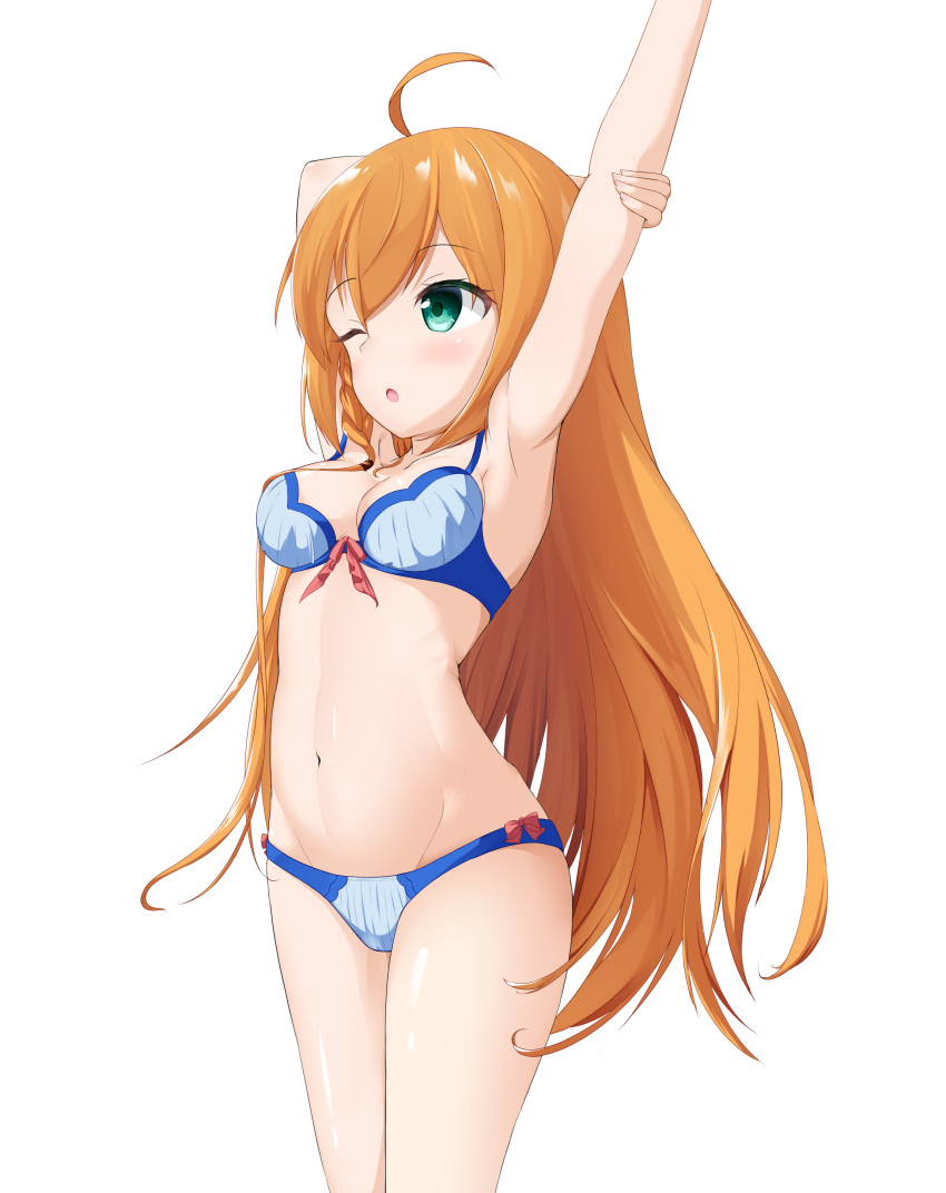 1girl ;o absurdres ahoge armpits arms_up bangs bare_arms bare_shoulders blue_bra blue_panties bra braid breasts brown_hair cleavage commentary_request eyebrows_visible_through_hair green_eyes groin hair_between_eyes head_tilt highres long_hair looking_away medium_breasts navel one_eye_closed panties parted_lips pecorine princess_connect! princess_connect!_re:dive roido_(taniko-t-1218) side_braid single_braid solo standing stretch underwear underwear_only very_long_hair