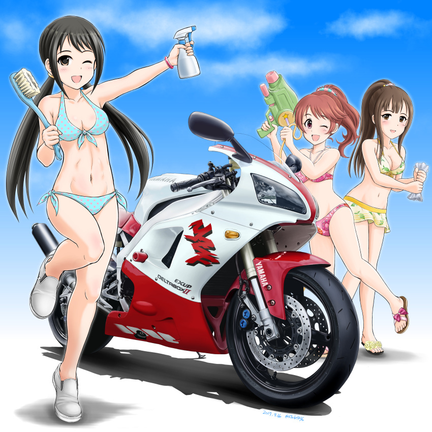 3girls absurdres bangs bare_shoulders bikini black_hair blue_bikini blue_sky blush bottle breasts brown_eyes brown_hair brush cleavage flick_(sal23) ground_vehicle highres hips idolmaster idolmaster_cinderella_girls legs long_hair looking_at_viewer low_twintails medium_breasts mizumoto_yukari motor_vehicle motorcycle multiple_girls nakano_yuka navel one_eye_closed open_mouth pink_bikini ponytail sandals shiina_noriko shoes sky smile spray_bottle swimsuit thighs towel twintails water_gun yellow_bikini