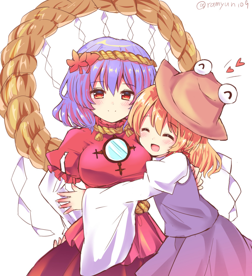 2girls :d ^_^ artist_name bangs blonde_hair blouse blush breasts brown_hat closed_eyes closed_eyes commentary_request cowboy_shot eyebrows_visible_through_hair hair_between_eyes hair_ornament hair_ribbon hand_on_another's_back hand_on_hip hat heart highres juliet_sleeves large_breasts leaf_hair_ornament long_sleeves looking_at_viewer mirror moriya_suwako multiple_girls open_mouth puffy_short_sleeves puffy_sleeves purple_hair purple_skirt purple_vest ramudia_(lamyun) red_blouse red_eyes red_ribbon red_skirt ribbon rope shide shimenawa shirt short_hair short_sleeves simple_background skirt skirt_set smile touhou twitter_username vest white_background white_shirt wide_sleeves yasaka_kanako yuri
