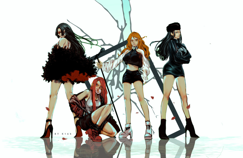 4girls alternate_costume artist_name back back_tattoo backless_outfit bangs bare_legs bare_shoulders black_hair blue_eyes boa_hancock brown_eyes bubble_blowing camisole chewing_gum closed_mouth crop_top crossed_arms detached_sleeves dress ear_piercing earrings feather_boa full_body gloves halter_top halterneck hat high_heels highres holding jacket jewelry jewelry_bonney k164 knee_up light_smile lips long_hair long_sleeves looking_at_viewer microphone microphone_stand midriff multiple_girls nami_(one_piece) nico_robin off_shoulder one_piece orange_hair piercing red-tinted_eyewear redhead round_eyewear shoes short_dress shorts sideways_glance snake_earrings squatting standing stomach sunglasses tattoo