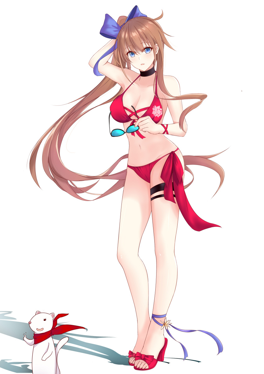 1girl absurdres ankle_ribbon bikini blue_eyes blush breasts brown_hair choker cleavage commentary commentary_request fal_(girls_frontline) ferret girls_frontline high_heels highres hiroshi_(2443303124) looking_at_viewer ribbon side_ponytail smile swimsuit thumbs_up