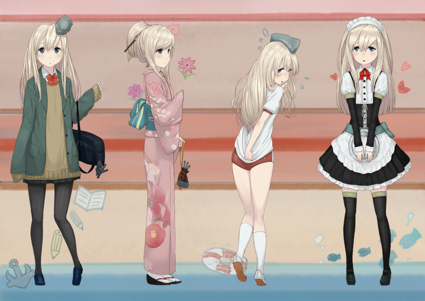 1girl apron ass bag bangs black_legwear black_skirt blonde_hair blush buruma commentary_request eyebrows_visible_through_hair frills full_body garrison_cap hair_between_eyes hair_ornament hat highres jacket japanese_clothes kantai_collection kimono legs long_hair long_sleeves looking_at_viewer maid maid_headdress multiple_views neckerchief open_mouth pantyhose pleated_skirt puffy_sleeves red_neckwear school_uniform serafuku shirt shoes short_sleeves skirt smile solo sweatdrop sweater tandemu thigh-highs thighs tied_hair u-511_(kantai_collection) uniform white_shirt yukata