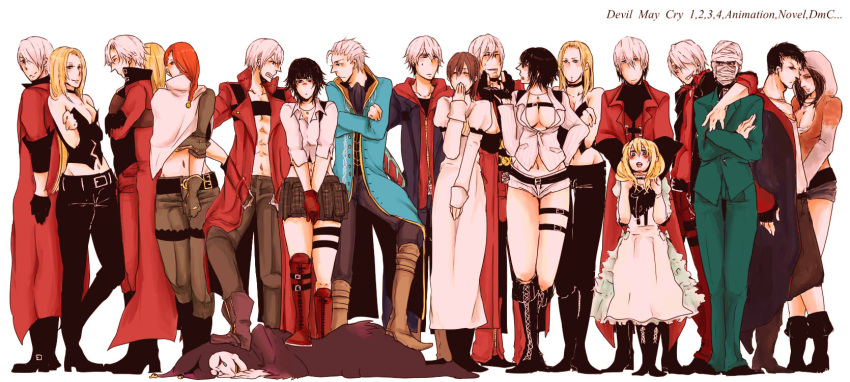 6+boys 6+girls bandage bandaged_head bandages bell belt belt_buckle black_hair blonde_hair blue_coat blush boots braid brown_hair buckle coat collar covering_mouth crossed_arms crying dante_(devil_may_cry) devil_may_cry devil_may_cry_2 devil_may_cry_3 devil_may_cry_4 dmc:_devil_may_cry dress fingerless_gloves formal gilver gloves hand_over_own_mouth highres jester_(dmc3) jewelry kat_(devil_may_cry) kyrie lady_(devil_may_cry) long_hair lucia_(devil_may_cry) medium_hair multiple_boys multiple_girls necklace nero_(devil_may_cry) open_mouth orange_hair patty_lowell red_coat scar short_hair short_shorts shorts simple_background smile standing stepped_on stepping suit sweatdrop trish_(devil_may_cry) vergil white_background white_hair yunako_(nkmichi)