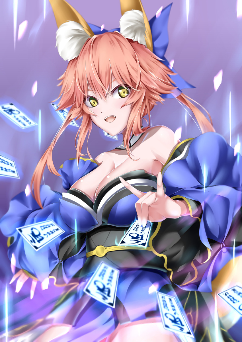 1girl absurdres animal_ear_fluff animal_ears blue_ribbon breasts cleavage fang fate/grand_order fate_(series) fox_ears fox_girl fox_tail hair_ribbon highres japanese_clothes kamehito large_breasts looking_at_viewer open_mouth pink_hair ribbon solo tail tamamo_(fate)_(all) tamamo_no_mae_(fate) yellow_eyes