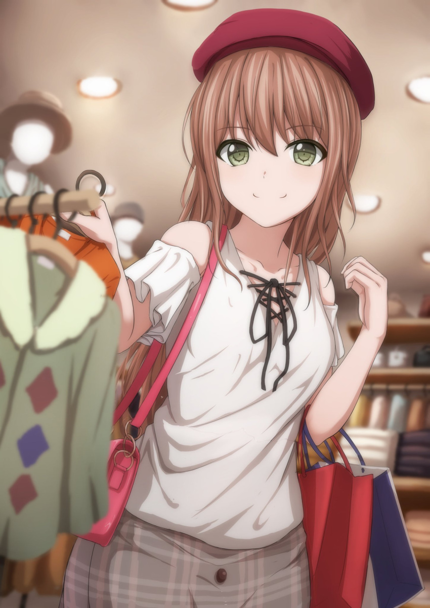1girl bag bang_dream! bangs beret blurry blurry_background brown_hair brown_hat clothes clothes_hanger clothes_rack collarbone cross-laced_clothes green_eyes grey_skirt hand_up hat highres imai_lisa indoors long_hair looking_at_viewer mannequin narafume plaid plaid_skirt red_hat shirt shopping shopping_bag short_sleeves shoulder_bag shoulder_cutout skirt smile solo white_shirt