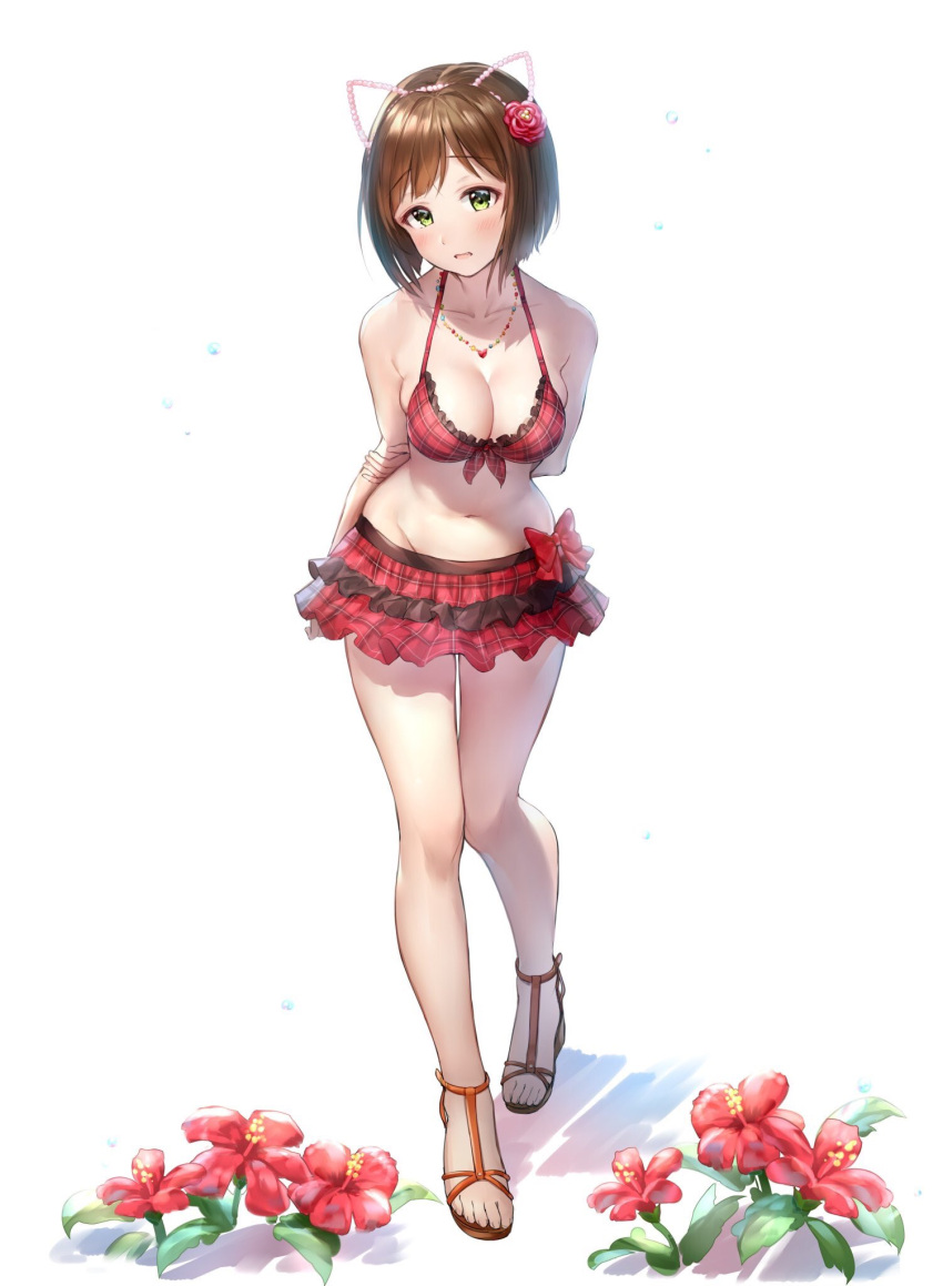 1girl animal_ears arms_behind_back bangs bare_shoulders bikini blush bow breasts brown_hair cat_ears cleavage collarbone flower full_body green_eyes hair_flower hair_ornament highres hips idolmaster idolmaster_cinderella_girls jewelry large_breasts legs looking_at_viewer maekawa_miku miniskirt navel necklace open_mouth plaid plaid_bikini red_bikini red_bow red_skirt sandals short_hair simple_background skirt solo swept_bangs swimsuit takeashiro thighs white_background