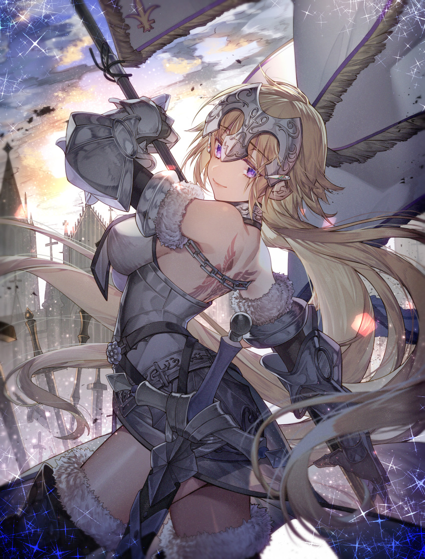 1girl absurdres arched_back arm_at_side armor armored_dress bangs bare_shoulders blonde_hair blurry breasts building church clouds cloudy_sky colored_eyelashes commentary_request cowboy_shot depth_of_field evening eyebrows_visible_through_hair fate/apocrypha fate/grand_order fate_(series) faulds flag from_behind fur_trim gauntlets headpiece highres huge_filesize jeanne_d'arc_(fate) jeanne_d'arc_(fate)_(all) jitome krage_(32700181) large_breasts light_smile lips long_hair looking_at_viewer outdoors outstretched_arm pink_lips sheath sheathed sky smile solo standard_bearer standing sword tareme thigh-highs thighs very_long_hair violet_eyes weapon