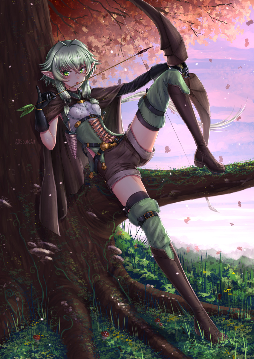 1girl adsouto arrow artist_name asymmetrical_sleeves autumn_leaves black_gloves blush boots bow breasts cloak commentary day elf english_commentary gloves goblin_slayer! green_eyes green_hair high_elf_archer_(goblin_slayer!) highres holding holding_weapon licking licking_weapon long_hair looking_at_viewer pointy_ears short_hair_with_long_locks shorts sitting small_breasts solo thigh-highs tree weapon