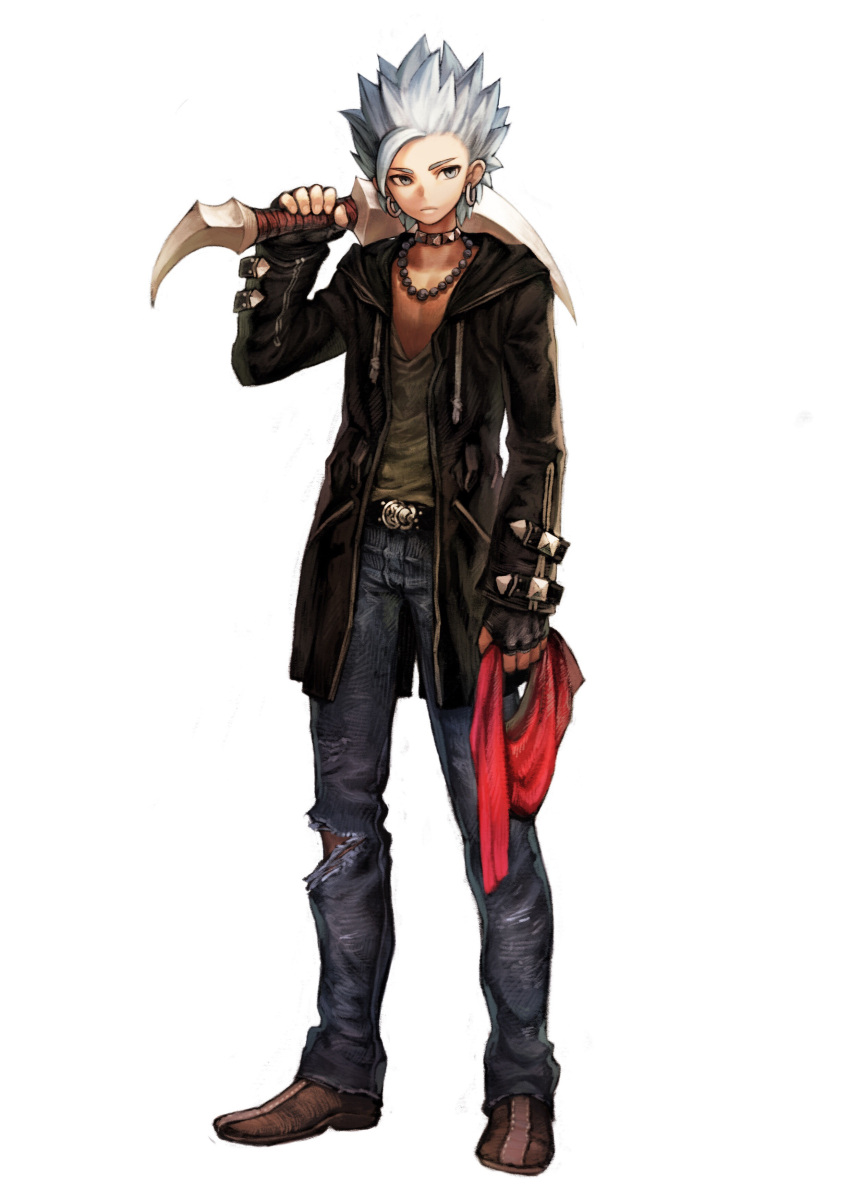1boy absurdres beads belt belt_buckle buckle closed_mouth collar denim earrings fingerless_gloves gloves grey_eyes highres holding holding_weapon jacket jeans jewelry jun_(seojh1029) necklace original pants short_hair simple_background solo spiky_hair standing torn_clothes weapon white_background white_hair