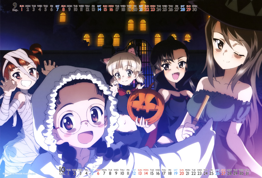 :d absurdres aki_(girls_und_panzer) animal_ears arms_up bandage bell bell_choker blush broom brown_eyes brown_hair calendar_(medium) cat_ears choker dress fangs fukuda_(girls_und_panzer) gate ghost_costume girls_und_panzer glasses grey_eyes halloween hat highres holding jack-o'-lantern looking_at_viewer mika_(girls_und_panzer) mikko_(girls_und_panzer) multiple_girls night nishi_kinuyo one_eye_closed open_mouth pumpkin smile twintails vampire_costume witch_hat