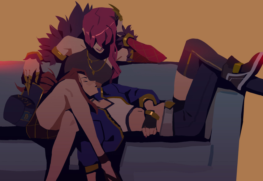 2girls akali asymmetrical_clothes backlighting baseball_cap breasts brown_hair chin_rest choker claw_(weapon) commentary cropped_jacket english_commentary evelynn feather_boa fingerless_gloves gloves hat hat_removed headwear_removed idol jacket jewelry k/da_(league_of_legends) k/da_akali k/da_evelynn lap_pillow league_of_legends legs_crossed long_hair looking_at_another looking_down medium_breasts midriff miniskirt multiple_girls navel necklace open_clothes open_jacket pink_hair ponytail shoes single_pantsleg single_thighhigh skirt small_breasts sneakers suqling thigh-highs weapon yuri