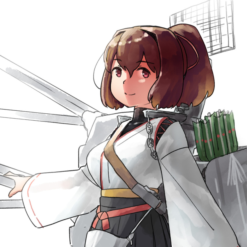 1girl brown_eyes brown_hair commentary_request flight_deck hair_ribbon highres ise_(kantai_collection) japanese_clothes kantai_collection nontraditional_miko ponytail ribbon seshiya short_hair smile solo turret undershirt white_background