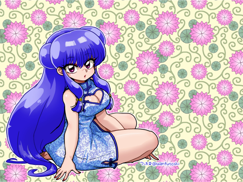 1girl bare_shoulders barefoot bell breasts china_dress chinese_clothes cleavage cleavage_cutout double_bun dress eyebrows_visible_through_hair fingernails floral_print hair_bell hair_ornament heart_cutout large_breasts long_hair looking_at_viewer looking_back parted_lips purple_hair ranma_1/2 shampoo_(ranma_1/2) sidelocks twitter_username wanta_(futoshi)