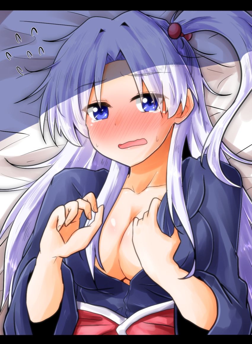 1girl blue_eyes blush breasts cleavage collarbone flying_sweatdrops hair_bobbles hair_ornament highres long_hair looking_at_viewer lying on_back on_bed one_side_up open_mouth oshiaki shinki silver_hair solo sweatdrop tears touhou touhou_(pc-98)