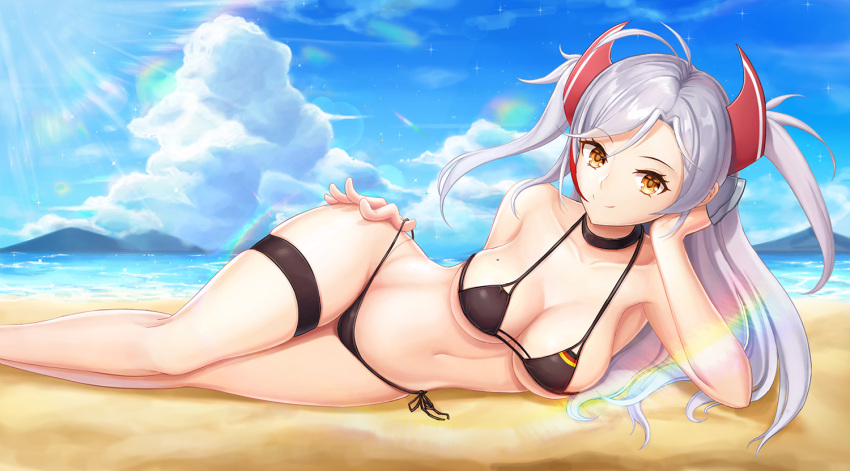 1girl 4coke alternate_costume antenna_hair armpits azur_lane bangs bare_arms beach bikini black_bikini black_ribbon blue_sky blush breasts brown_eyes choker cleavage closed_mouth clouds commentary_request day eyebrows_visible_through_hair feet_out_of_frame flag_print german_flag_bikini hair_between_eyes hair_ribbon head_on_hand large_breasts long_hair looking_at_viewer lying mole mole_on_breast multicolored_hair navel ocean on_side orange_eyes outdoors prinz_eugen_(azur_lane) redhead ribbon sand side-tie_bikini sidelocks silver_hair sky smile solo sparkle stomach streaked_hair sunlight swimsuit thigh_strap thighs two_side_up untied untied_bikini very_long_hair