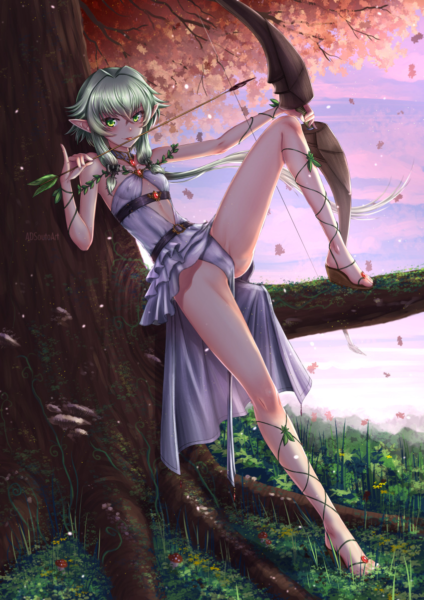 1girl adsouto arrow artist_name autumn_leaves barefoot_sandals belt blush bow breasts center_opening day dress elf frills goblin_slayer! green_eyes green_hair high_elf_archer_(goblin_slayer!) highres holding holding_weapon licking licking_weapon long_hair looking_at_viewer pelvic_curtain platform_footwear pointy_ears short_hair_with_long_locks sitting small_breasts solo tree weapon white_dress