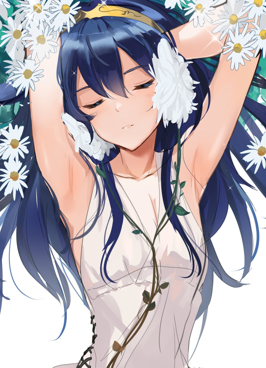 1girl armpits arms_behind_head arms_up bangs blue_hair closed_eyes clothing_request collarbone cross-laced_clothes facing_viewer fire_emblem fire_emblem:_kakusei flower flower_request hair_between_eyes hand_in_hair hands_in_hair highres long_hair lucina nintendo ormille solo tiara upper_body white_background