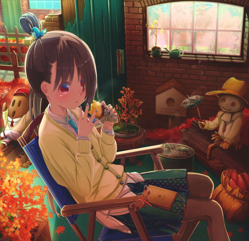 1girl abo_(kawatasyunnnosukesabu) animal animal_on_head aqua_neckwear autumn_leaves barrel bird bird_on_head birdhouse black_hair black_legwear blue_nails blush book book_on_lap brick_wall brown_hat bug chair commentary_request door dragonfly eating fence food green_skirt hair_bun hair_over_one_eye hat highres insect leaf long_sleeves maple_leaf nail_polish necktie on_head original pantyhose parted_lips plant pleated_skirt potted_plant red_eyes red_hat red_neckwear sack scarecrow sitting skirt sweet_potato watering_can window yakiimo yellow_cardigan