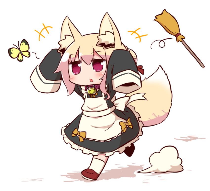 +++ 1girl alternate_costume animal animal_ear_fluff animal_ears apron arms_up bangs bell bell_collar black_dress blonde_hair blush bow broom brown_collar brown_footwear bug butterfly chasing collar commentary_request dress enmaided eyebrows_visible_through_hair fox_ears fox_girl fox_tail frilled_apron frilled_dress frills full_body hair_between_eyes hair_bun hair_ribbon insect jingle_bell kemomimi-chan_(naga_u) loafers long_sleeves maid maid_headdress naga_u orange_bow original red_eyes red_ribbon ribbon running shadow shoes sidelocks sleeves_past_fingers sleeves_past_wrists socks solo tail tail_raised white_apron white_background white_bow white_legwear