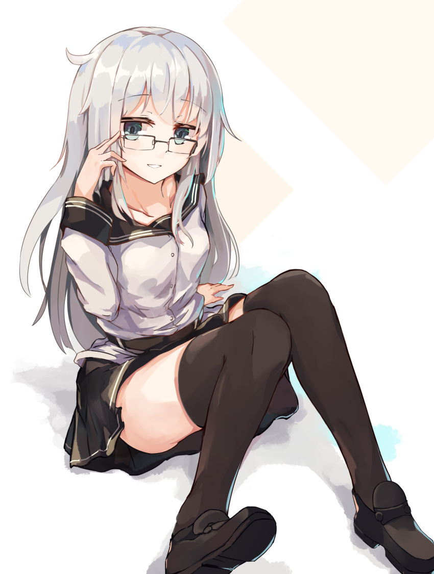 1girl arm_support ass bangs belt bespectacled black_footwear black_legwear black_sailor_collar black_skirt blue_eyes buttons eyebrows_visible_through_hair glasses hand_on_eyewear hand_up hibiki_(kantai_collection) highres kantai_collection knees_up loafers long_hair long_sleeves looking_at_viewer miniskirt over-rim_eyewear parted_lips sailor_collar school_uniform semi-rimless_eyewear serafuku shinsoyori shirt shoes silver_hair simple_background sitting skirt smile solo teeth thigh-highs verniy_(kantai_collection) white_background white_shirt