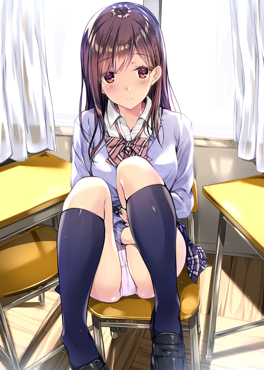 1girl ass backlighting bangs black_footwear black_legwear black_skirt blush bow bowtie breasts brown_eyes brown_hair chair classroom collared_shirt commentary_request curtains day desk eyebrows_visible_through_hair grey_sweater highres indoors kneehighs knees_up kobayashi_chisato large_breasts leg_hug loafers long_hair long_sleeves looking_at_viewer miniskirt original panties parted_lips pink_neckwear plaid plaid_skirt school_desk school_uniform shirt shoes sitting skirt solo sweater teeth thighs underwear white_panties white_shirt window