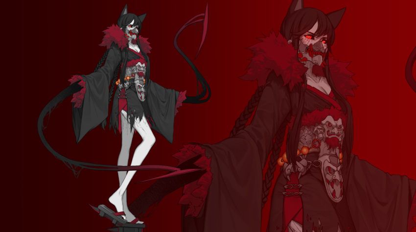 1girl animal_ears blake_belladonna braided_ponytail breasts cat_ears cleavage corruption dishwasher1910 face_mask fur-trimmed_sleeves fur_collar fur_trim grimm japanese_clothes kimono mask pale_skin red_background red_eyes red_sclera rwby sandals sharp_teeth solo teeth tentacle torn_clothes