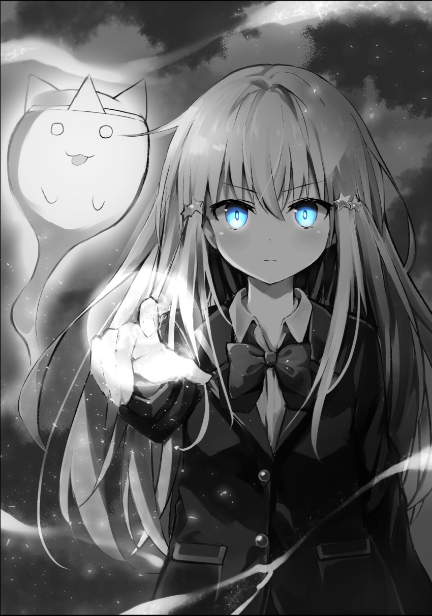 1girl :3 arm_at_side bangs blazer blue_eyes bow bowtie buttons closed_mouth collared_shirt commentary_request eyebrows_visible_through_hair frown ghost glowing glowing_eyes greyscale hair_ornament highres hyurasan jacket light light_particles long_hair long_sleeves looking_at_viewer magic monochrome o_o original pointing pointing_at_viewer shirt sidelocks solo spot_color star star_hair_ornament tongue tongue_out triangular_headpiece upper_body v-shaped_eyebrows wind wing_collar