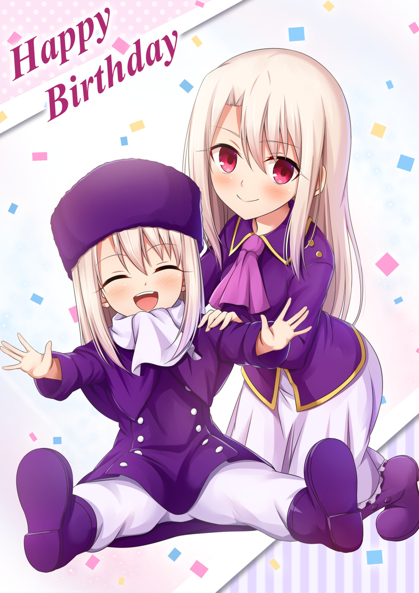 2girls :d ^_^ ascot blonde_hair blush boots closed_eyes commentary confetti dual_persona english_commentary eyebrows_visible_through_hair facing_viewer fate/kaleid_liner_prisma_illya fate/stay_night fate/zero fate_(series) hair_between_eyes happy_birthday hat highres illyasviel_von_einzbern long_hair long_skirt looking_at_viewer morokoshi_(tekku) multiple_girls open_mouth outstretched_arms pants pink_neckwear purple_coat purple_footwear scarf simple_background sitting skirt smile time_paradox white_background white_scarf white_skirt
