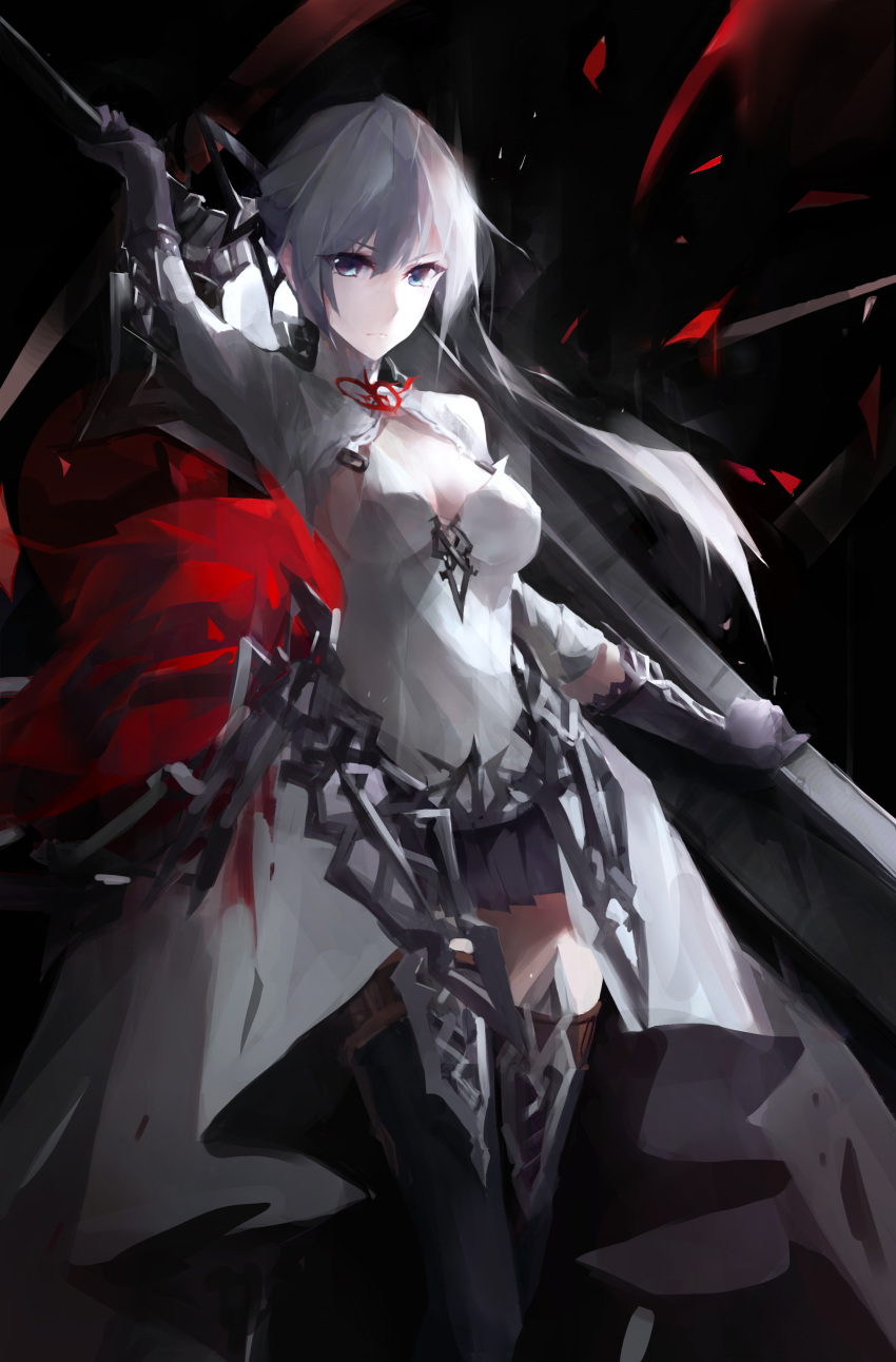 1girl absurdres arm_up bangs blood bloody_clothes blue_eyes breasts cell_(acorecell) chains cleavage cleavage_cutout closed_mouth collarbone dress eyebrows_visible_through_hair gloves hand_on_sword highres holding holding_sword holding_weapon long_hair long_sleeves looking_at_viewer medium_breasts silver_hair simple_background sinoalice skirt snow_white_(sinoalice) solo sword thigh-highs weapon white_dress zettai_ryouiki