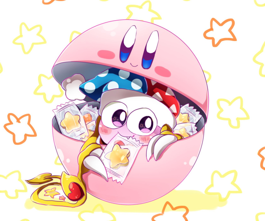1boy blush candy candy_wrapper capsule claws commentary_request fang food food_in_mouth hallons_kabo hat heart highres hoshi_no_kirby hoshi_no_kirby_super_deluxe jester_cap kirby kirby_(series) kirby_super_star looking_at_viewer marx nintendo no_humans shadow smile solo star violet_eyes wings yellow_wings
