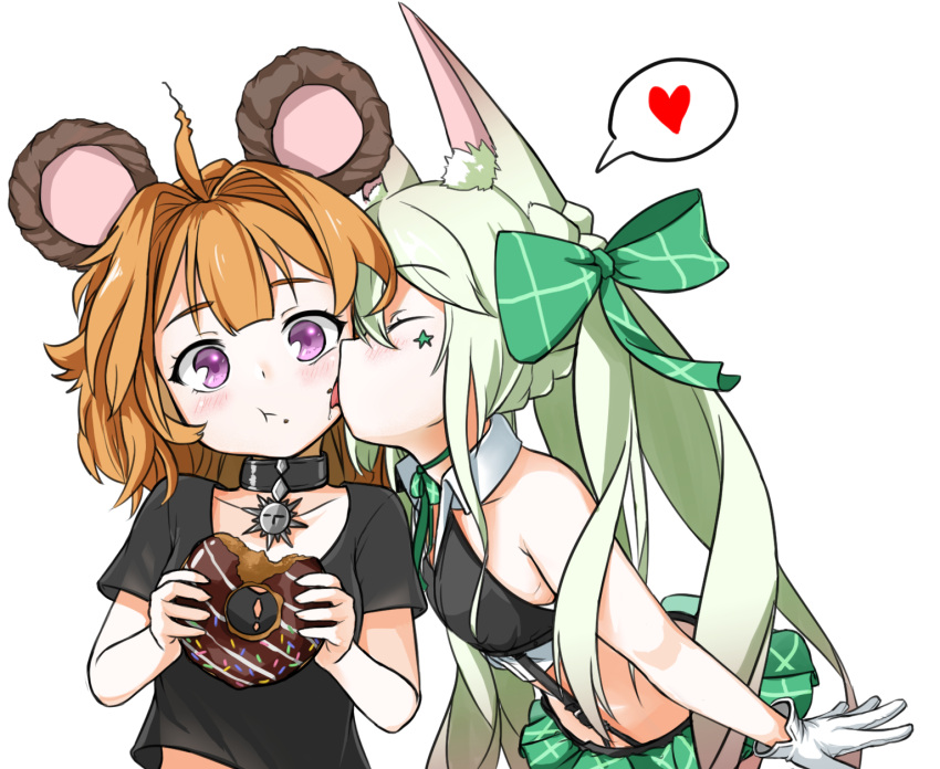 2girls alternate_costume animal_ear_fluff animal_ears art556_(girls_frontline) bangs bear_ears black_bra black_collar black_shirt blush bow bra cheek_licking eyebrows_visible_through_hair face_licking girls_frontline gloves green_bow green_hair green_skirt grizzly_mkv_(girls_frontline) hair_bow heart highres licking long_hair midriff multiple_girls orange_hair pelican_(s030) shirt short_hair shoulder_cutout skirt twintails underwear violet_eyes white_gloves