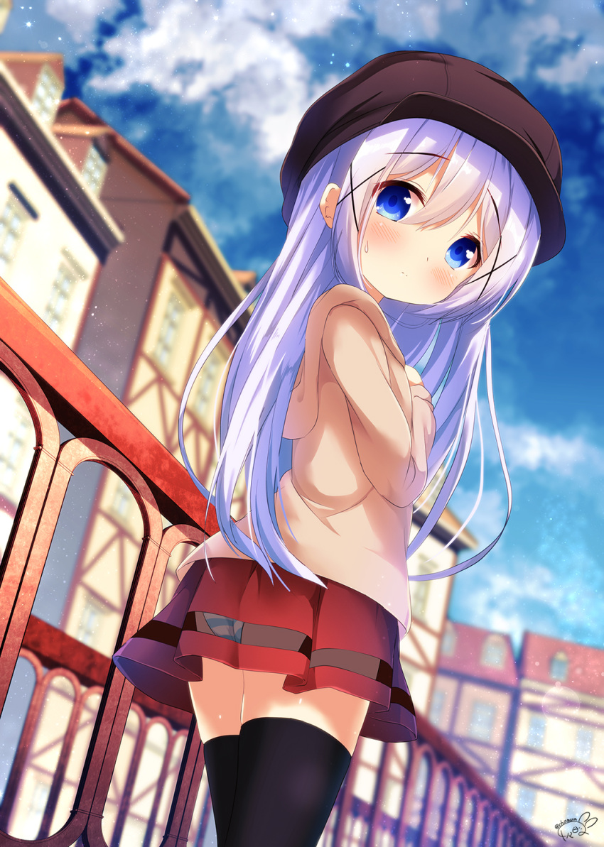 1girl ass bangs black_legwear blue_eyes blue_sky blurry blurry_background blush brown_hat brown_jacket building cabbie_hat chinomaron closed_mouth clouds commentary_request day depth_of_field eyebrows_visible_through_hair from_below gochuumon_wa_usagi_desu_ka? hair_between_eyes hand_up hat highres hood hood_down hooded_jacket jacket kafuu_chino long_hair long_sleeves looking_at_viewer looking_back looking_down outdoors panties pleated_skirt purple_hair railing red_skirt see-through signature skirt sky solo striped striped_panties sweat thigh-highs twitter_username underwear very_long_hair
