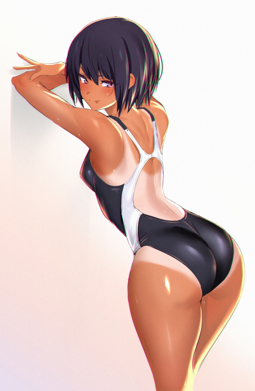 1girl :p absurdres arms_up ass back bangs bare_shoulders black_hair black_swimsuit blush breasts closed_mouth competition_swimsuit cowboy_shot eyebrows_visible_through_hair fingernails from_behind gradient gradient_background hair_between_eyes half-closed_eyes highleg highleg_swimsuit highres hips legs_together licking_lips long_fingernails looking_at_viewer looking_back one-piece_swimsuit one-piece_tan one_eye_closed original shiny shiny_skin short_hair shoulder_blades simple_background small_breasts smile solo standing swimsuit tan tanline thighs tongue tongue_out ulrich_(tagaragakuin) violet_eyes wet white_background