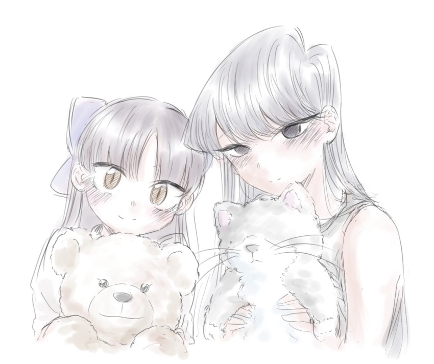 2girls black_eyes black_hair hair_ribbon komi-san_wa_komyushou_desu komi_shouko long_hair looking_at_viewer mitsugu multiple_girls ribbon smile stuffed_animal stuffed_toy teddy_bear white_background yellow_eyes