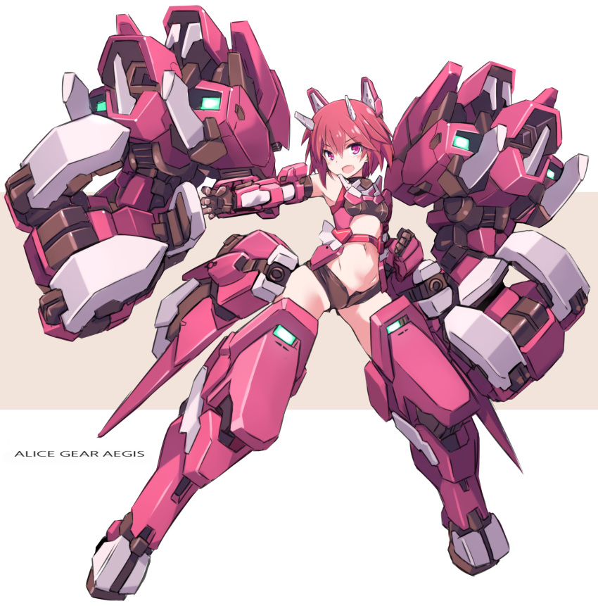 &gt;:d 1girl alice_gear_aegis armor bangs blush breasts clenched_hand commentary_request copyright_name full_body highres himukai_rin karukan_(monjya) legs_apart looking_at_viewer mecha_musume mechanical_arms mechanical_horns navel navel_cutout pink_eyes redhead short_hair simple_background sleeveless small_breasts solo two-tone_background white_background