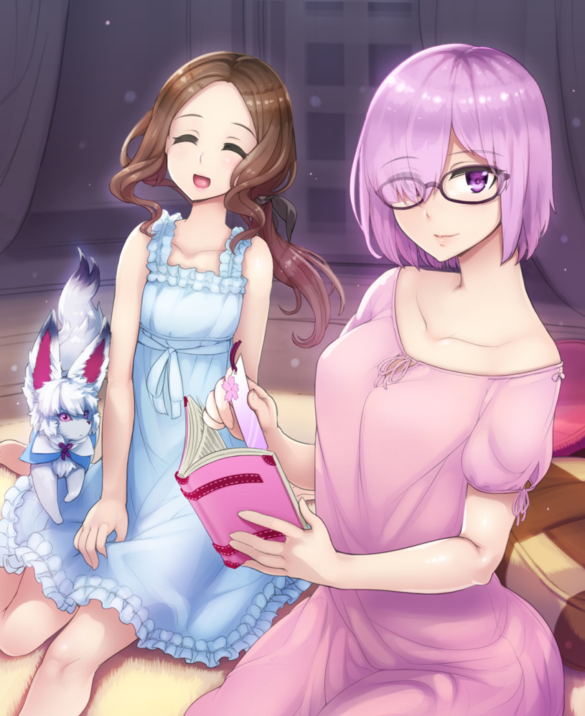 2girls ^_^ ^o^ abubu bare_shoulders book bookmark breasts brown_hair closed_eyes closed_eyes collarbone dress eyebrows_visible_through_hair fate/grand_order fate_(series) fou_(fate/grand_order) glasses hair_over_one_eye highres leonardo_da_vinci_(fate/grand_order) long_hair looking_at_viewer mash_kyrielight multiple_girls pajamas ponytail purple_hair short_hair sitting sleeveless sleeveless_dress smile violet_eyes