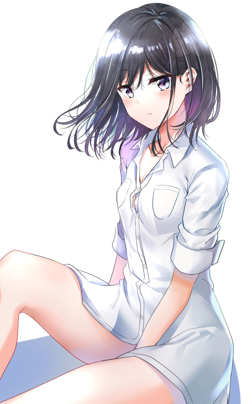 1girl absurdres adagaki_aki bangs between_legs black_hair blue_eyes blush breasts button_gap cleavage closed_mouth collarbone collared_shirt commentary expressionless eyebrows_visible_through_hair highres knee_up long_sleeves looking_at_viewer masamune-kun_no_revenge no_pants shiny shiny_hair shirt short_hair simple_background sitting sleeves_folded_up small_breasts solo sunhyun thighs white_background white_shirt