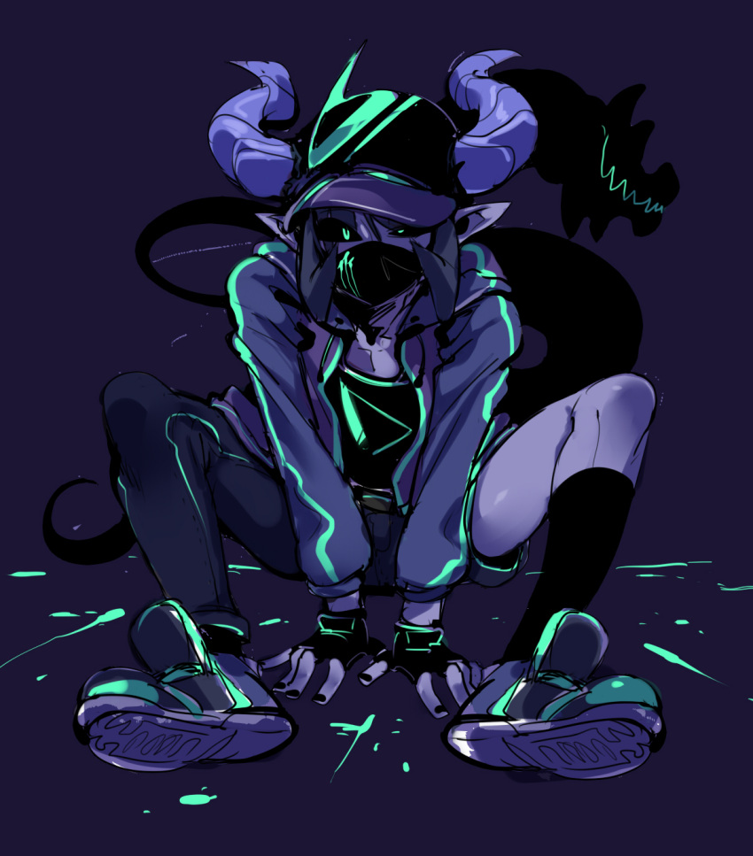 1boy asymmetrical_clothes asymmetrical_pants baseball_cap black_sclera docu_(doppel) doppel_(pixiv) face_mask green_eyes hat highres horns looking_at_viewer male_focus mask monster_boy original pointy_ears shoes sneakers solo tail
