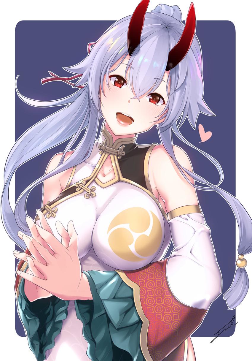 1girl bangs bare_shoulders blue_background blush border breasts china_dress chinese_clothes detached_sleeves dress eyebrows_visible_through_hair fate/grand_order fate_(series) fue_(rhomphair) hair_between_eyes hands_together heart highres large_breasts looking_at_viewer oni_horns ponytail red_eyes silver_hair simple_background solo tomoe_(symbol) tomoe_gozen_(fate/grand_order) white_border white_dress wide_sleeves