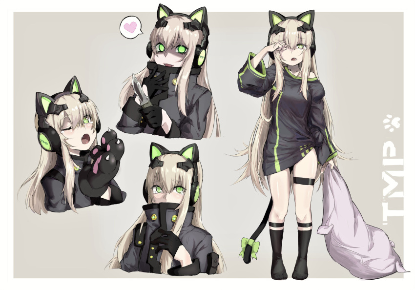 1girl alma01 animal_ears bangs black_jacket blonde_hair bow breasts cat_ear_headphones cat_ears cat_paws cat_tail character_name commentary_request eyebrows_visible_through_hair fake_animal_ears girls_frontline gloves green_eyes hair_between_eyes headphones highres jacket knife long_hair looking_at_viewer medium_breasts multiple_views paws pillow ribbon sidelocks simple_background sleepy tail thigh_strap tmp_(girls_frontline) very_long_hair yandere yawning