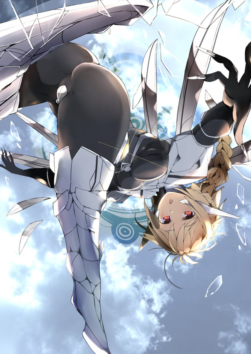 armor ass black_bodysuit blazblue blonde_hair bodysuit braid breasts claws headgear highres lambda-11 long_hair looking_at_viewer looking_back mecha_musume medium_breasts red_eyes sky venomrobo