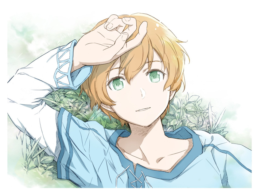 1boy blonde_hair blue_shirt collarbone eugeo from_above green_eyes highres long_sleeves looking_at_viewer lying male_focus on_back parted_lips shirt short_over_long_sleeves short_sleeves solo sword_art_online white_background white_sleeves yamada_koutarou