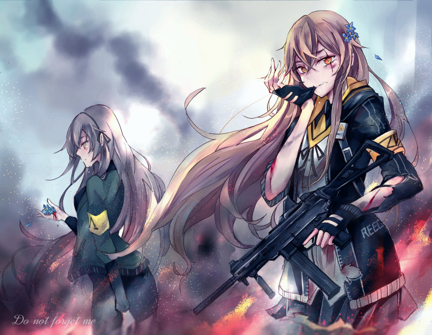 2girls armband assault_rifle bangs biting black_gloves black_jacket black_legwear black_skirt blood blood_on_face brown_eyes brown_hair closed_mouth cocoka crying crying_with_eyes_open eyebrows_visible_through_hair fingerless_gloves fire flame floating floating_hair flower girls_frontline glove_biting glove_pull gloves grey_hair gun h&amp;k_ump h&amp;k_ump45 hair_between_eyes hair_flower hair_ornament heckler_&amp;_koch highres holding holding_flower holding_gun holding_weapon hood hooded_jacket jacket long_hair long_sleeves looking_at_viewer looking_to_the_side multiple_girls open_clothes open_jacket pantyhose petals ribbon rifle scar scar_across_eye shirt simple_background skirt standing submachine_gun tears torn_clothes ump40_(girls_frontline) ump45_(girls_frontline) weapon white_shirt yellow_eyes